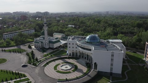 Almaty, Kazakhstan - May 7, 2020: Aerial view of Nur Mubarak university in Almaty, Kazakhstan. Egyptian University of Islamic Culture in Kazakhstan at sunset.