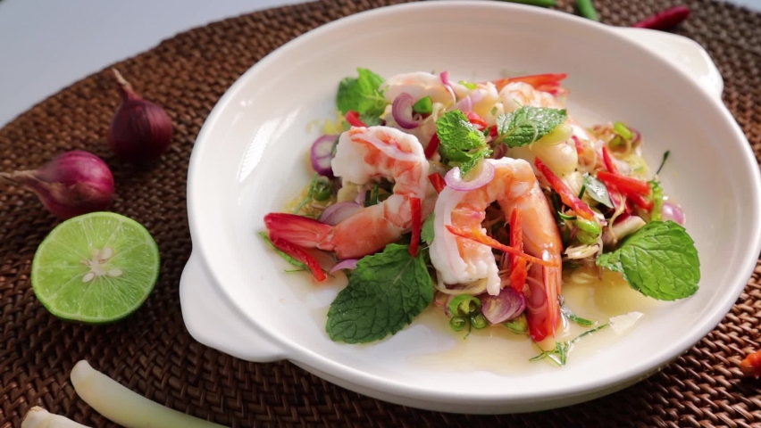 Lemongrass salad with fresh shrimp and thai herbs for thai food menu Royalty-Free Stock Footage #1085747435