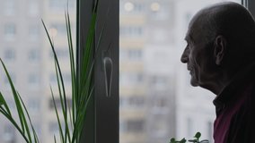 Demented elderly man looking through window with houseplant. Treatment of older people illness and health care of depression and stress. - Powered by Shutterstock - Get 15% off with code: PIKWIZARD15