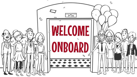 Welcome onboard handdrawn written sketch on whiteboard animation background