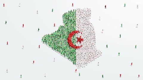 Algeria Map and Flag. A large group of people in the Algerian flag color form to create the map. 4K Animation Video.