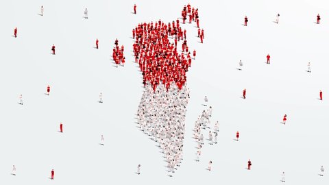Bahrain Map and Flag. A large group of people in the Bahrain flag color form to create the map. 4K Animation Video.