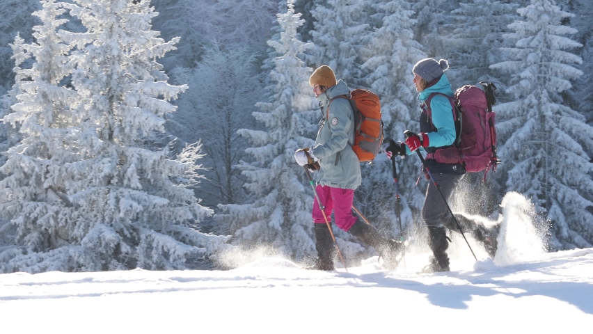 Two women walk in snowshoes in the snow, winter trekking, two people in the mountains in winter, hiking equipment