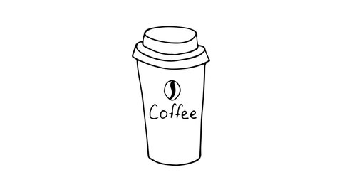 Doodle animation of disposable coffee cup icon. Hand drawing video animation of coffee cup on white background. Doodle takeaway cup doodle video.
