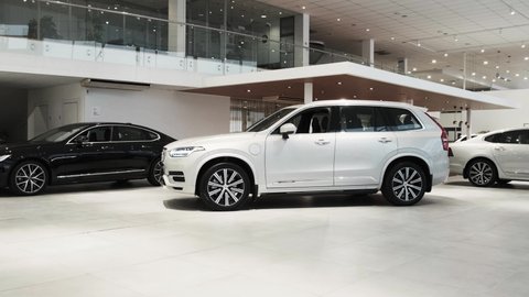 Russia, Tyumen Region, November 18, 2021, Volvo XC90 Recharge is a mid-size luxury crossover SUV in the showroom