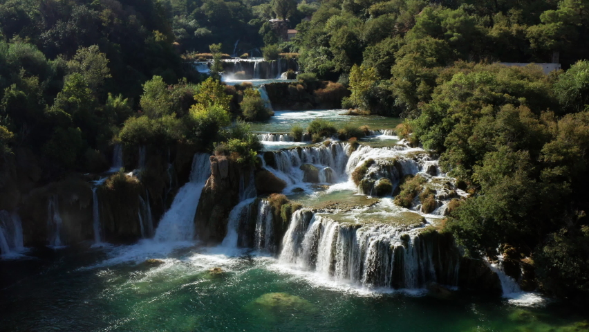 Amazing Series Of Waterfalls At Krka National Park In Croatia. Aerial Shot