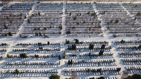 Aerial backward flight over the huge cemetery with rows of graves covered with fresh snow - covid-19 mortality concept