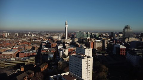 BIRMINGHAM, UK - 2022: Establishing aerial view of Birmingham city centre in the UK with BT tower