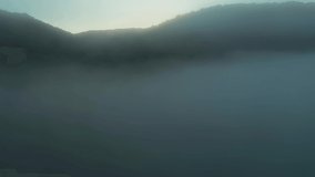 Splendid view of the morning forest covered with fog. Footage from a bird's eye view. Dniester canyon, Ukraine, Europe. Cinematic drone shot. Filmed in UHD 4k video. Discover the beauty of earth.