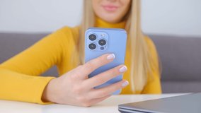 White woman browsing phone. Caucasian female using modern smartphone for communication and entertainment online in closeup 4k stock video. Cheerful young person communicating on social media app 