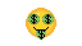 Hand Drawn Money Tongue Eyes Face Cartoon Character Animated Icon with Retro 8-bit Pixel Art Style. 4K Ultra HD Seamless Loop Video Motion Graphic Animation.