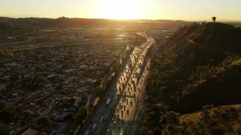 Aerial shot of the 5 freeway as it runs through the Elysian Valley in Los Angeles