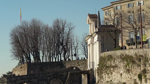 Bergamo, Italy. January 16, 2022. The old town. Landscape at the ancient gate Porta San Giacomo and the Venetian walls, an Unesco World Heritage.  Bergamo touristic destination and best of Italy
