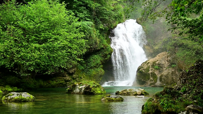 Great Waterfall at the Vintgar Gorge in Slovenia Royalty-Free Stock Footage #1085769584