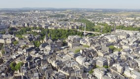 Inscription on video. Luxembourg, Historical city center in the morning. On the mechanical display, Aerial View