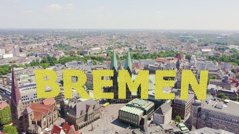Inscription on video. Bremen, Germany. The historic part of Bremen, the old town. Bremen Cathedral ( St. Petri Dom Bremen ). View in flight. Knitted texture inscription, Aerial View, Point of interes
