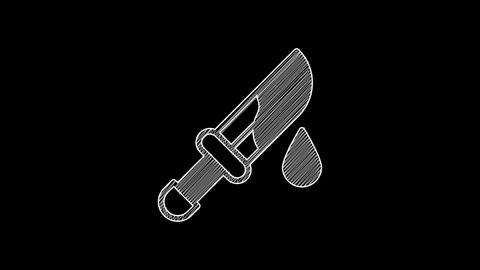 White line Bloody knife icon isolated on black background. 4K Video motion graphic animation .