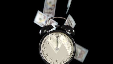 Best Time to Calculate Pprofits. The hands of the clock rotate rapidly on the dial. Exactly at 12 o'clock the alarm clock starts ringing. Behind him, against a black background, banknotes begin to slo