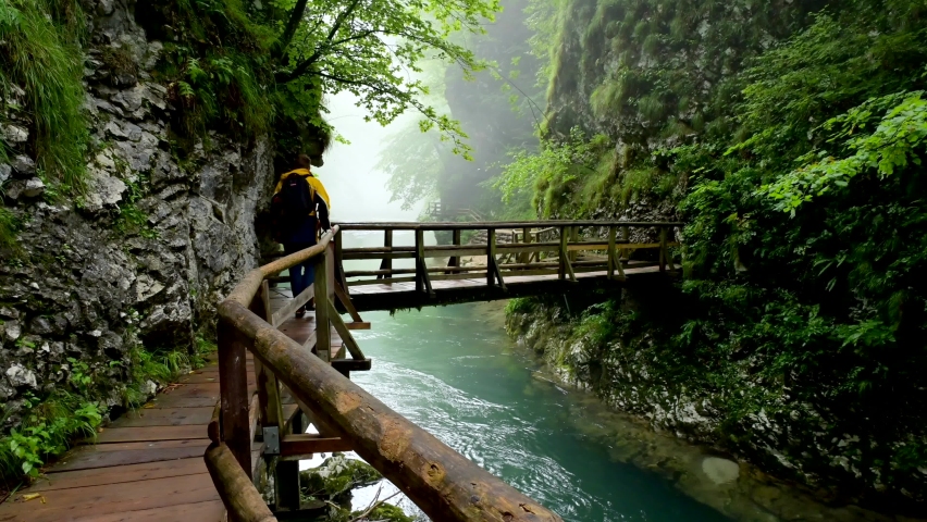 Man in yellow coat crossing a bridge at the hiking trail above clear river in the Vintgar Gorge in Slovenia Royalty-Free Stock Footage #1085789045