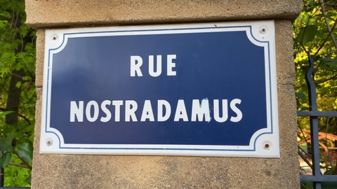 Salon-de-Provence, France - July 2021 : "Rue Nostradamus" street sign name in Provence, France