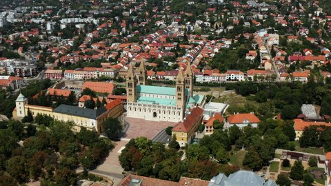Cathedral Of Pecs In Hungary - aerial panoramic 