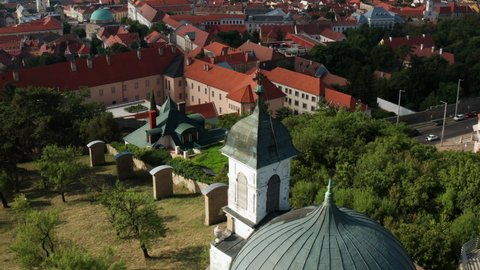 Exterior Of The Small Chapel Called Kalvaria In Pecs, Hungary - aerial drone shot
