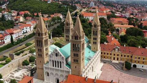 Medieval Architecture Of Pecs Cathedral In The Downtown Of Pecs In Hungary. aerial
