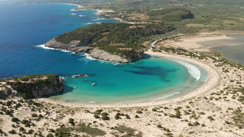 Voidokilia Beach on the West Coast of the Peloponnese near the Navarino Gulf in Greece - aerial drone shot