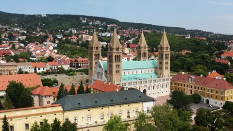 Historic Building Of Pecs Cathedral On The Downtown Of Pecs In Hungary. aerial