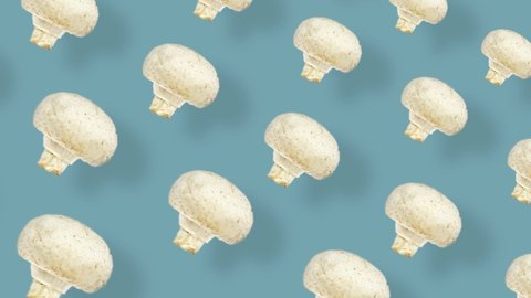 Colorful pattern of fresh mushrooms on blue background with shadows. Seamless pattern with champignon. Top view. Realistic animation. 4K video motion