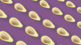 Colorful fruit pattern of fresh avocados on purple background. Seamless pattern with avocado. Realistic animation. 4K video motion