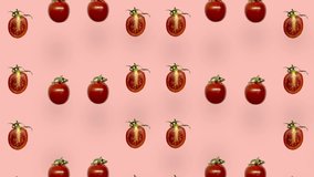Colorful pattern of fresh red tomatoes on pink background. Seamless pattern with cherry tomato. Realistic animation. 4K video motion