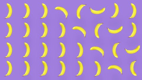 Colorful fruit pattern of fresh yellow bananas on purple background. Seamless pattern with banana. Realistic animation. 4K video motion