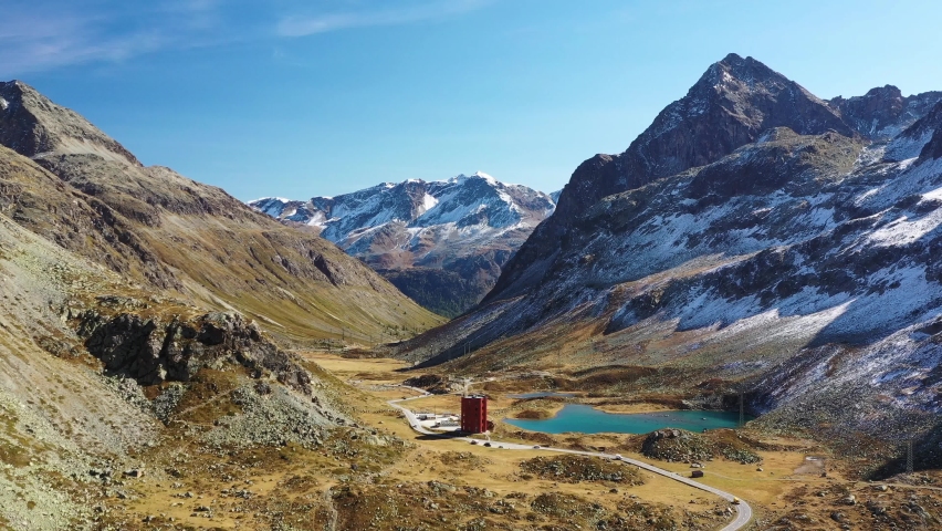 Julier pass, Surses, Switzerland. Aerial view of the mountain and the road. Landscape from a drone. 