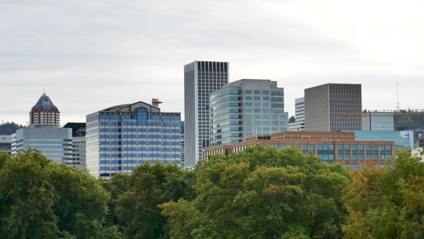 Closeup shot of highrise office buildings in downtown Portland Oregon.