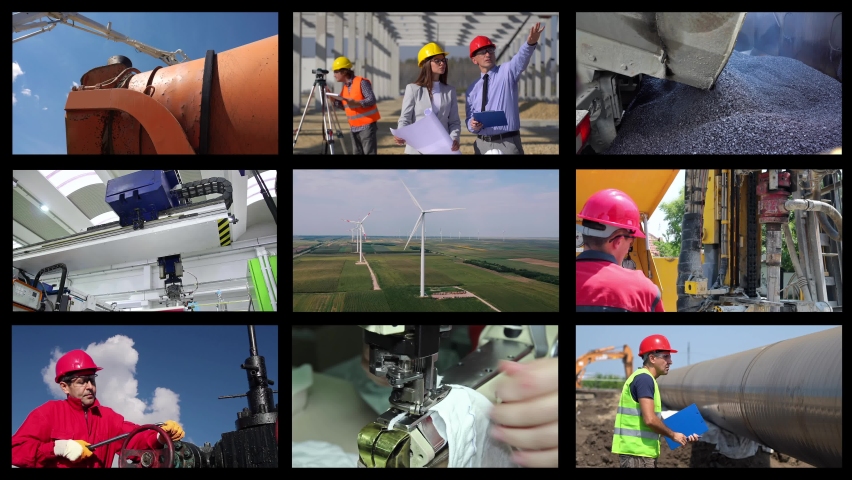 Industrial Production And Productivity Growth - Animated Multi Screen Video Montage. Employment And Labor Concept. Collage of Video Clips Showing People of Different Professions at Work. Royalty-Free Stock Footage #1085800979