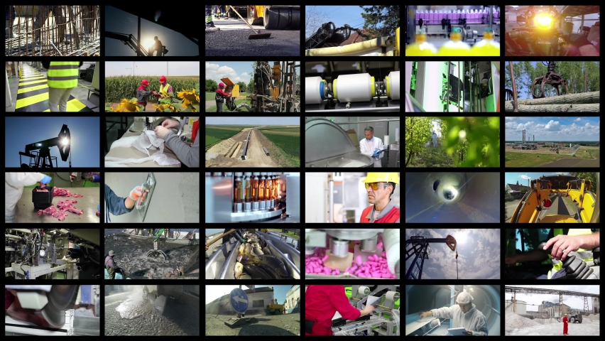 Industrial Production And Productivity Growth - Animated Multi Screen Video Montage. Employment And Labor Concept. Collage of Video Clips Showing People of Different Professions at Work.