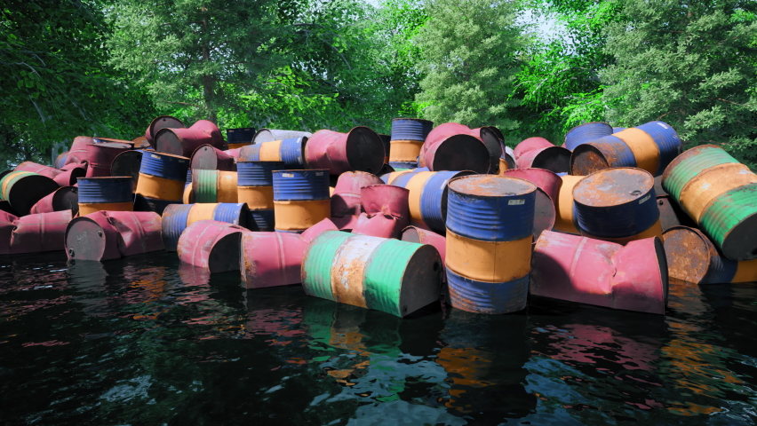 Hundreds of old disused oil barrels discarded into a river, polluting the water and destroying the natural landscape and environment with toxic waste. | Shutterstock HD Video #1085803505