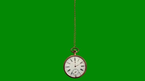 Pocket Watch on Chain Swinging Green screen 4K Loop features a pocket watch slightly swinging back and forth with hands spinning in a loop against a green screen.