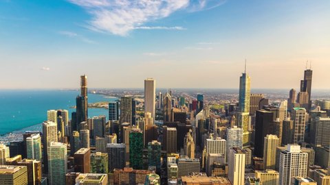 Uhd 4k Timelapse of Panoramic aerial cityscape of Chicago and Lake Michigan at sunset, Illinois, USA