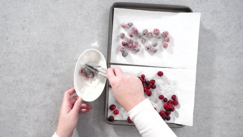 Flat lay. Step by step. Prepating sugar cranberries with organic cranberries and white sugar.