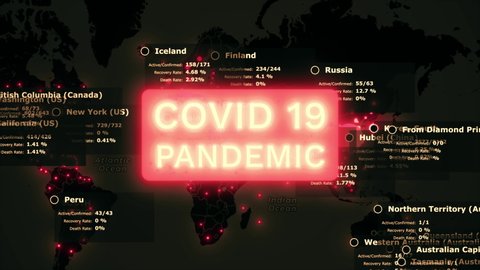 Omicron covid Global coronavirus COVID-19 pandemic map with red pinpoints of infected cities with health statistics data on black mainlands. Epidemic concept 3d rendering animation background in 4K