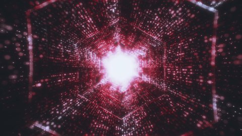 Big Data Technology red Tunnel, Digital red hexagon tube, Information Flow, Futuristic Matrix. Particle network with binary code. Technological and related motion background. Seamless loop 3D render