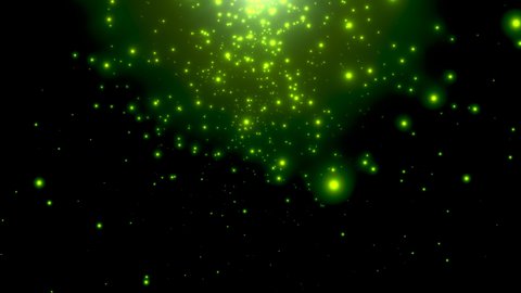 Fly small green particles and stars on dark background, abstract cinematic and holiday style
