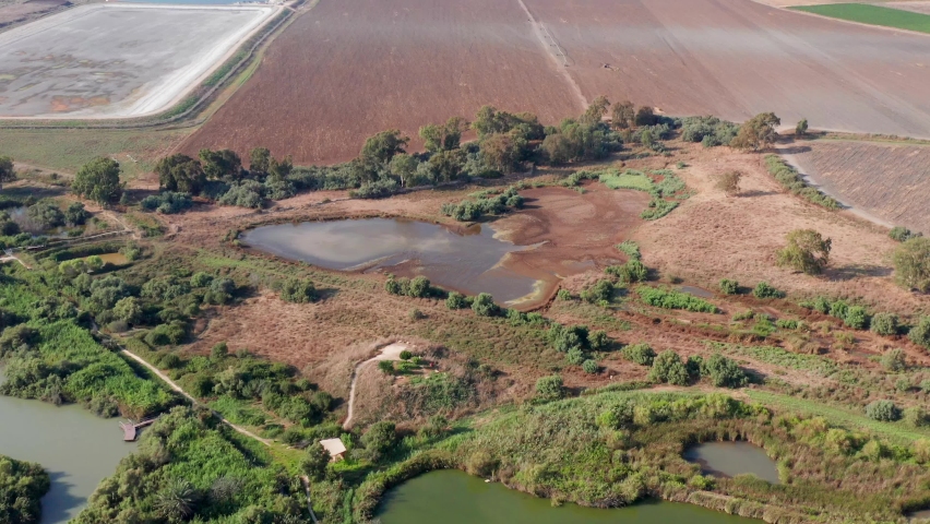 Ein Afek nature reserve catfish swamp and bridge, Aerial view.