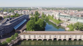 Inscription on video. Strasbourg, France. Quarter Petite France, Vauban Dam. Text from small balls, Aerial View