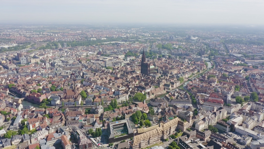Inscription on video. Strasbourg, France. The historical part of the city, Strasbourg Cathedral. Text furry, Aerial View