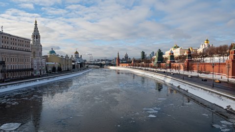 Moscow Kremlin and Moskva river winter hyper lapse, Russia.