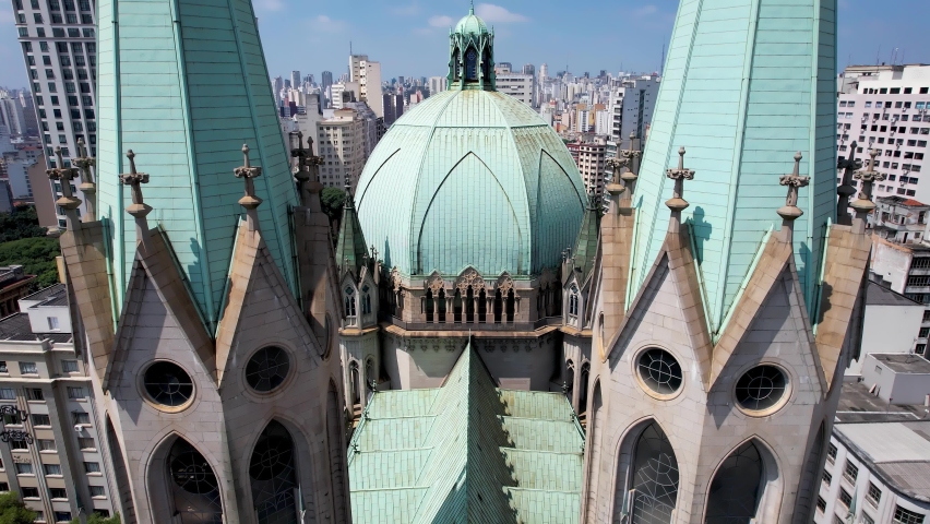 Metropolitan Cathedral of Sao Paulo at downtown Sao Paulo Brazil. Aerial landscape of church Sao Paulo Shrine exactaly at center of downtown Sao Paulo Brazil at famous Sé Square. Medieval building.