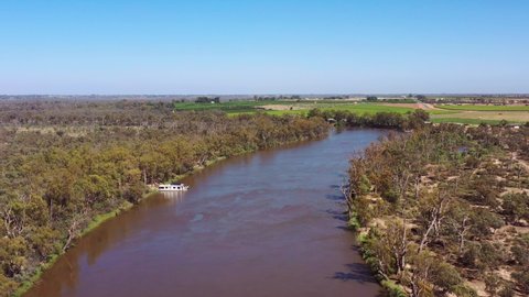 Calm waters of Murray river in Australian outback riverina – aerial 4k down.
